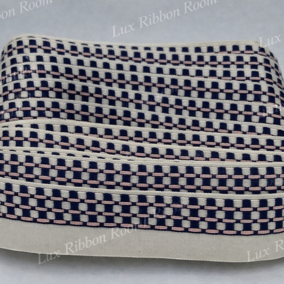 unknown Other - Vintage French Ribbon 1950s Cream Navy Pink Woven Trim Two (2) Yards